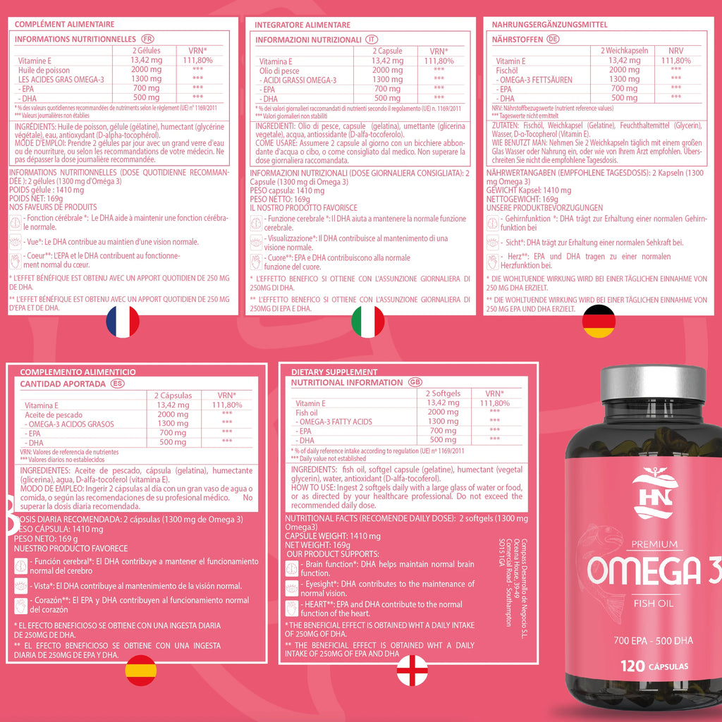 HN Healthy Nutrition Omega 3 Cápsulas 2000 mg - 120 Perlas Blandas con Aceite de Pescado y Vitamina E - Omega 3 con EPA (Ácido Eicosapentaenoico) y DHA (Ácido Docosahexaenoico) - 700 mg EPA y 500 mg DHA
