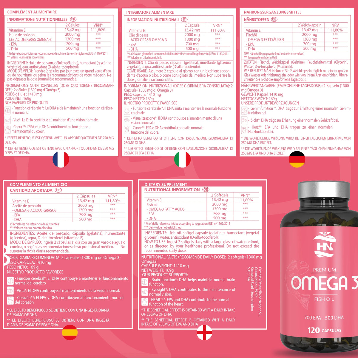 HN Healthy Nutrition Omega 3 Cápsulas 2000 mg - 120 Perlas Blandas con Aceite de Pescado y Vitamina E - Omega 3 con EPA (Ácido Eicosapentaenoico) y DHA (Ácido Docosahexaenoico) - 700 mg EPA y 500 mg DHA