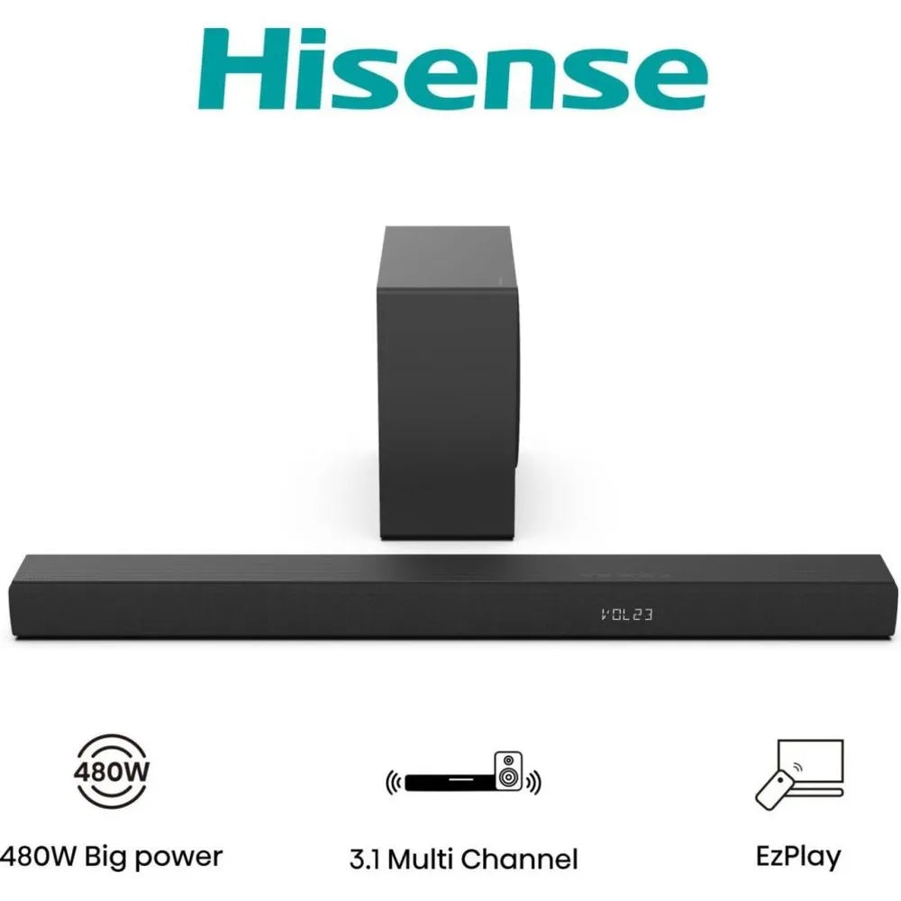 Hisense hs3100 3.1 sound bar with Dolby audio and DTS Virtual:X, 480W power, includes 6.5" subwoofer, Bluetooth 5.3, HDMI, ideal for home cinema experience and wall mounting.