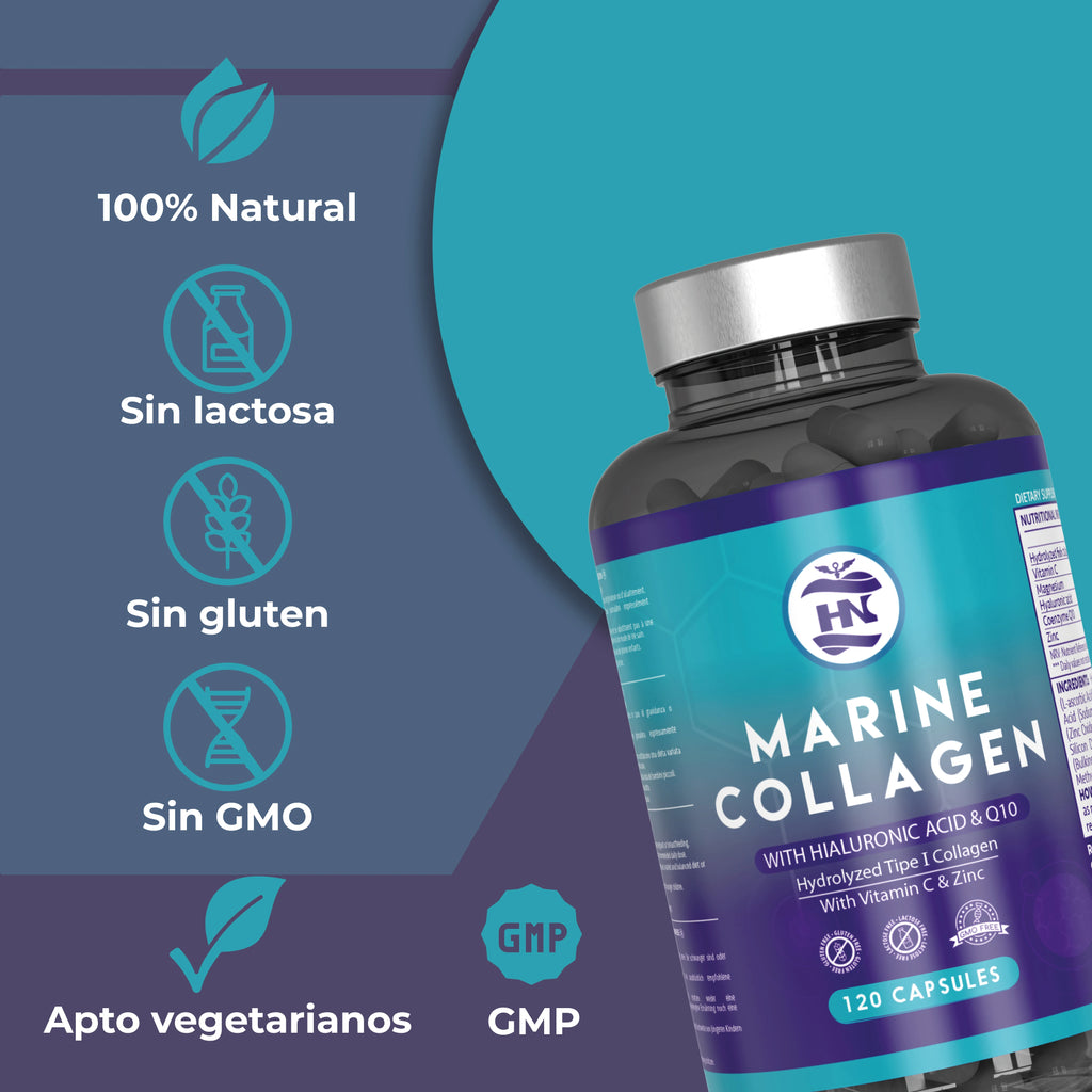 HN Healthy Nutrition Colágeno Marino Hidrolizado con Ácido Hialurónico, Vitamina C, Coenzima Q10, Zinc y Magnesio - 120 Cápsulas - Complemento Alimenticio