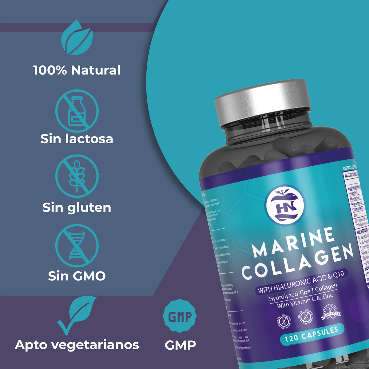 HN Healthy Nutrition Colágeno Marino Hidrolizado con Ácido Hialurónico, Vitamina C, Coenzima Q10, Zinc y Magnesio - 120 Cápsulas - Complemento Alimenticio