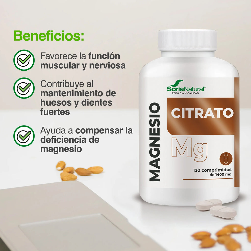 Soria Natural Magnesio Citrato de ALTA ABSORCIÓN - Complemento Alimenticio para Músculos, Huesos Energía y Sistema Nervioso - 120 comprimidos