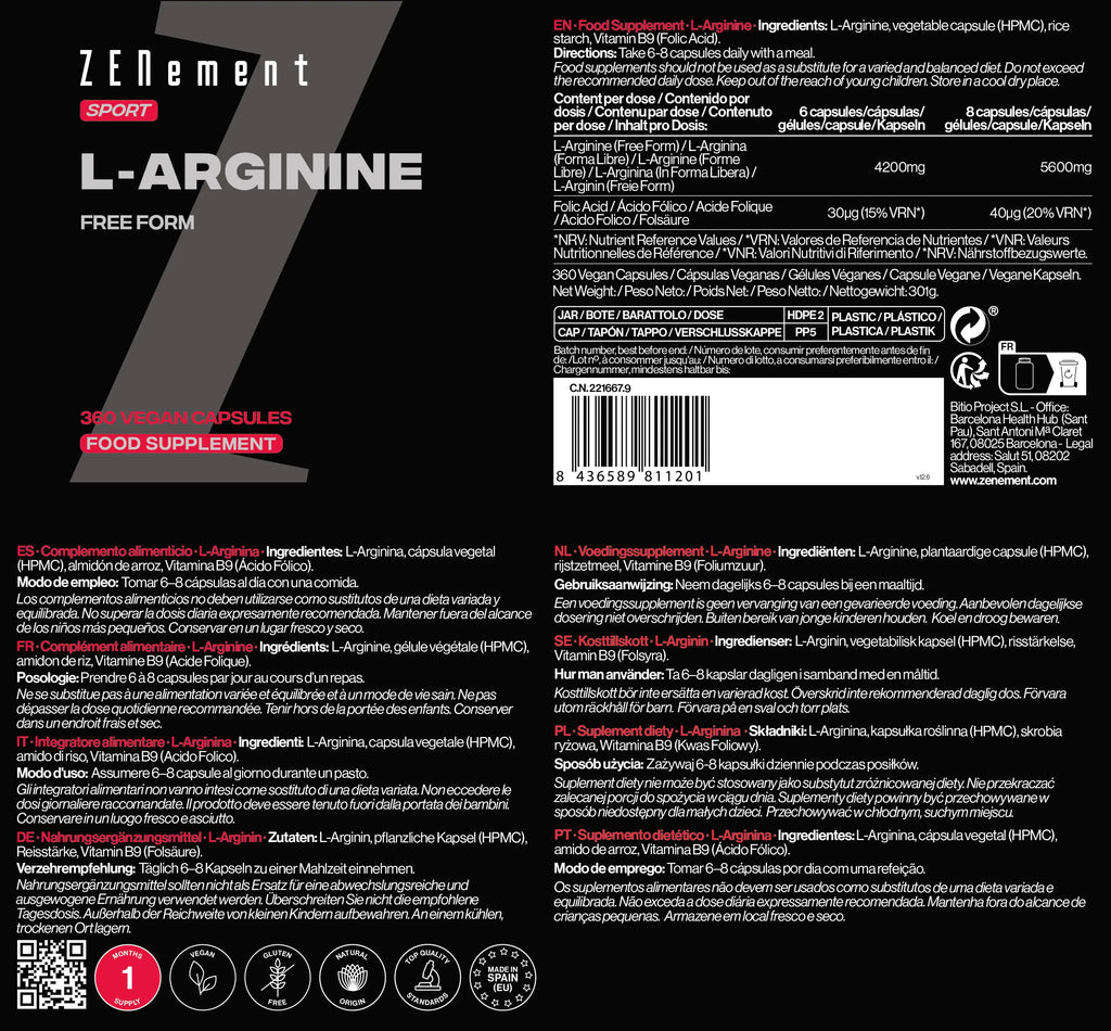 L-Arginina Forma libre - 360 Cápsulas Veganas Zenement
