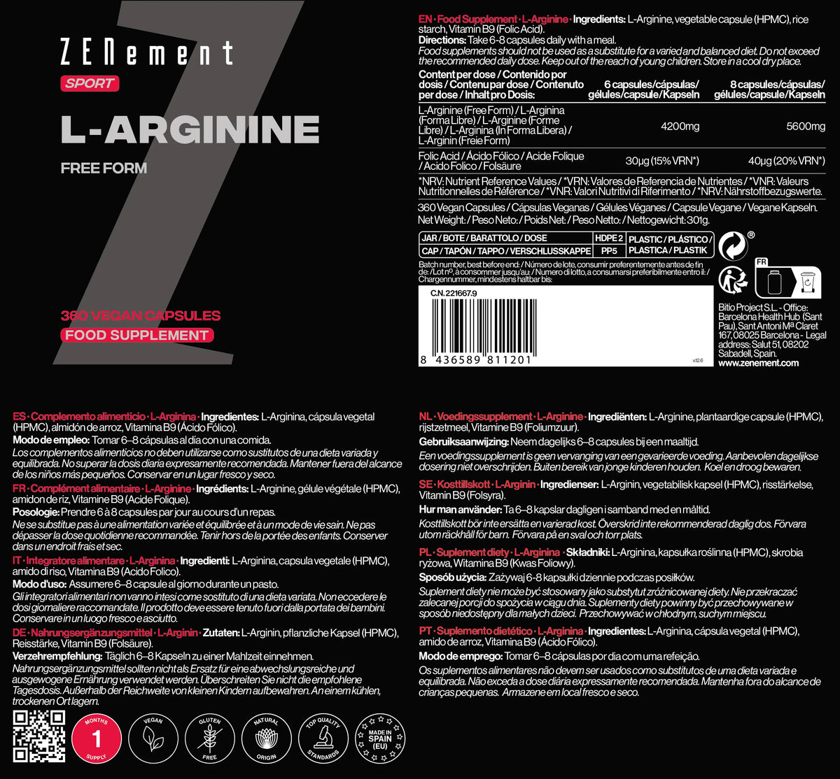 L-Arginina Forma libre - 360 Cápsulas Veganas Zenement