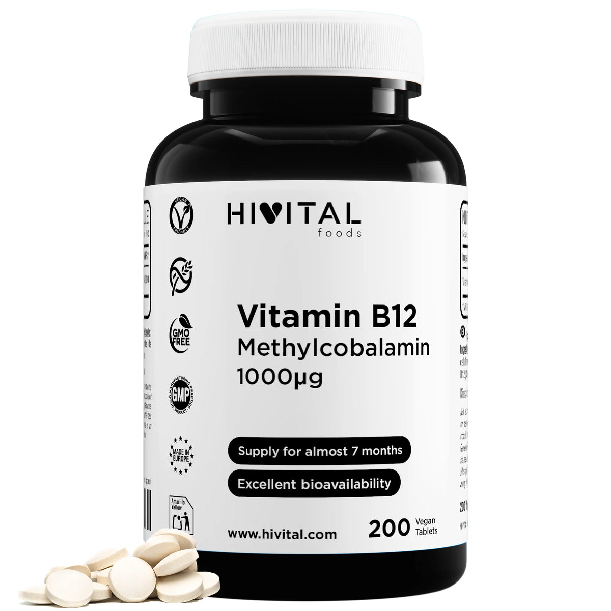 Vitamina B12 Metilcobalamina 1000 mcg | 200 comprimidos veganos. Hivital