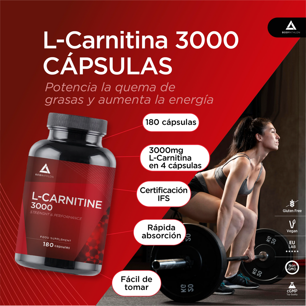 BODYATHLON - L Carnitina 3000 Cápsulas  -  180 cápsulas 100% L-Carnitina Tartrato- Aumento de Energía y resistencia –Mejora el rendimiento y la recuperación- Suplemento Deportivo- Vegano