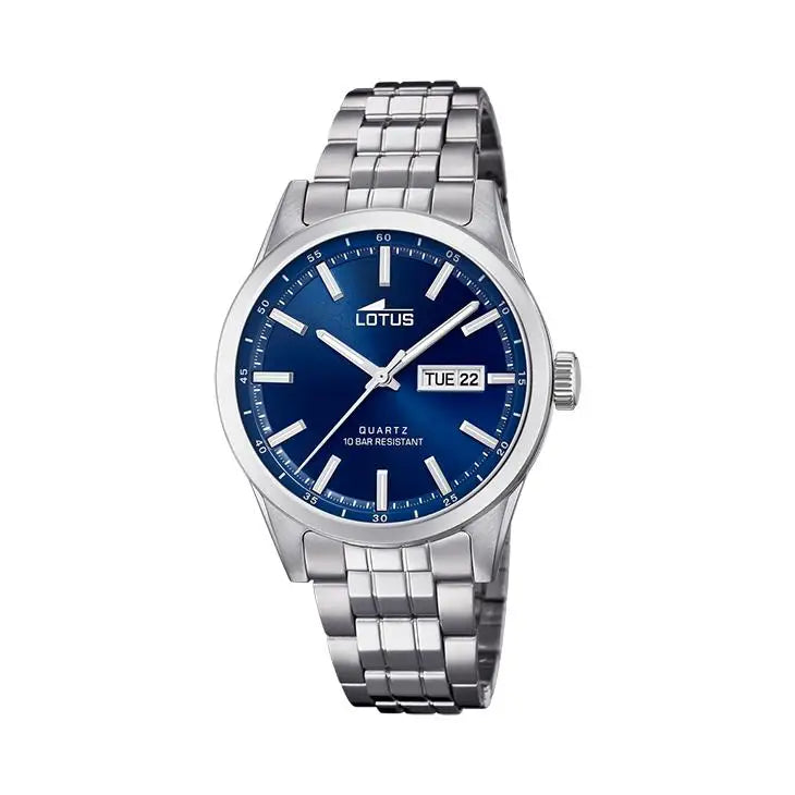Reloj Lotus 18670/3 Classics para hombre de acero con esfera azul, sumergible 100m, diámetro de 42mm, elegante reloj de cuarzo con indicador de fecha y correa de acero inoxidable.