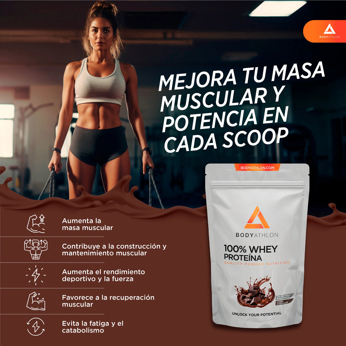 Whey Protein Chocolate– Proteina en Polvo Chocolate- Proteina para Ganar Masa Muscular– Proteina de Suero de Leche- Proteina para Masa Muscular- Sin lecitina de soja- Apta para Vegetarianos- Bodyathlon