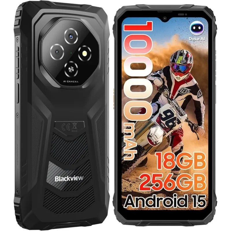 Blackview Fort 1 smartphone, 256GB storage, 18GB RAM, 10,000mAh battery with 18W fast charging, IP68/IP69K waterproof, NFC, dual 16MP + 2MP camera, 6.56" HD+ display, Android 15, rugged and durable design.