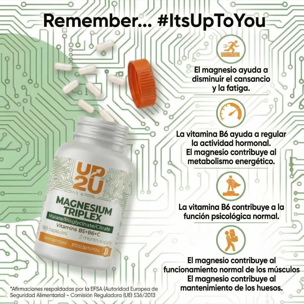 Magnesio Triplex con Malato, Bisglicinato y Citrato, Vitaminas B5, B6 y C, UP2U Nutrition, 180 Cápsulas, 2 Meses de Suministro