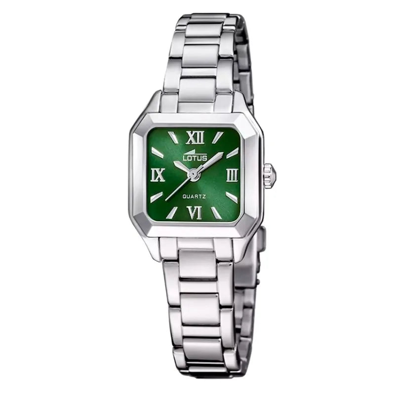 Reloj Lotus Old Money 19034/4 para mujer con esfera verde, brazalete de acero inoxidable, tamaño de 24 mm, movimiento de cuarzo y resistencia al agua de 5 ATM, diseñado para la elegancia y comodidad diaria.