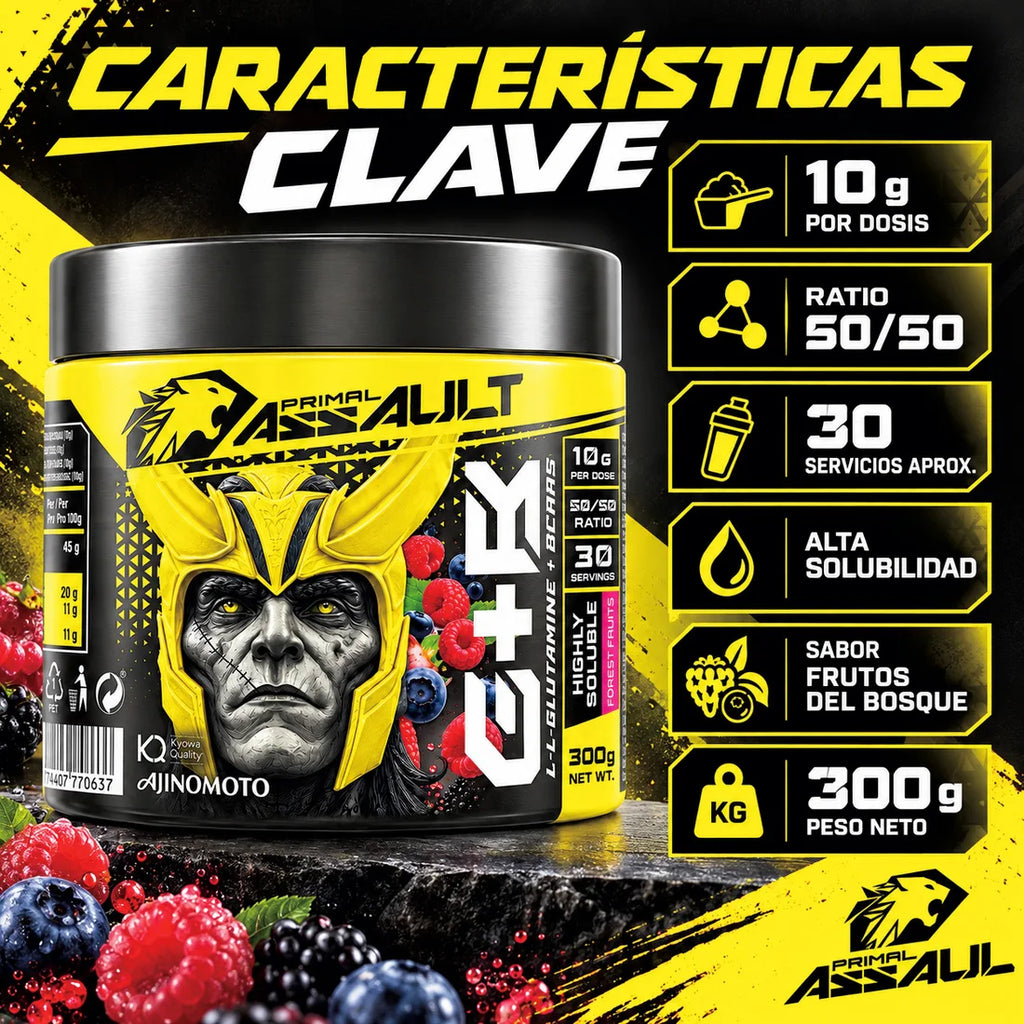 PRIMAL ASSAULT | BOTELLA L-Glutamina + BCAA en Polvo, 300 g, Frutos del Bosque