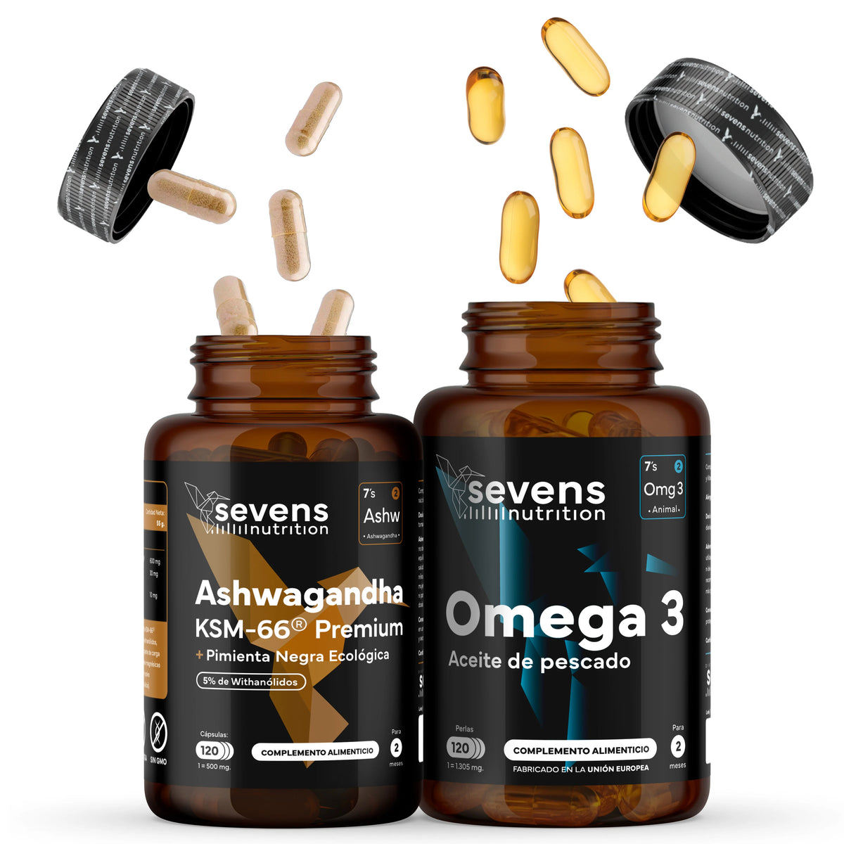 Pack Ashwagandha KSM-66® 600 mg 120 Cápsulas + Omega 3 de Pescado 2000 mg 120 Cápsulas – Sevens Nutrition
