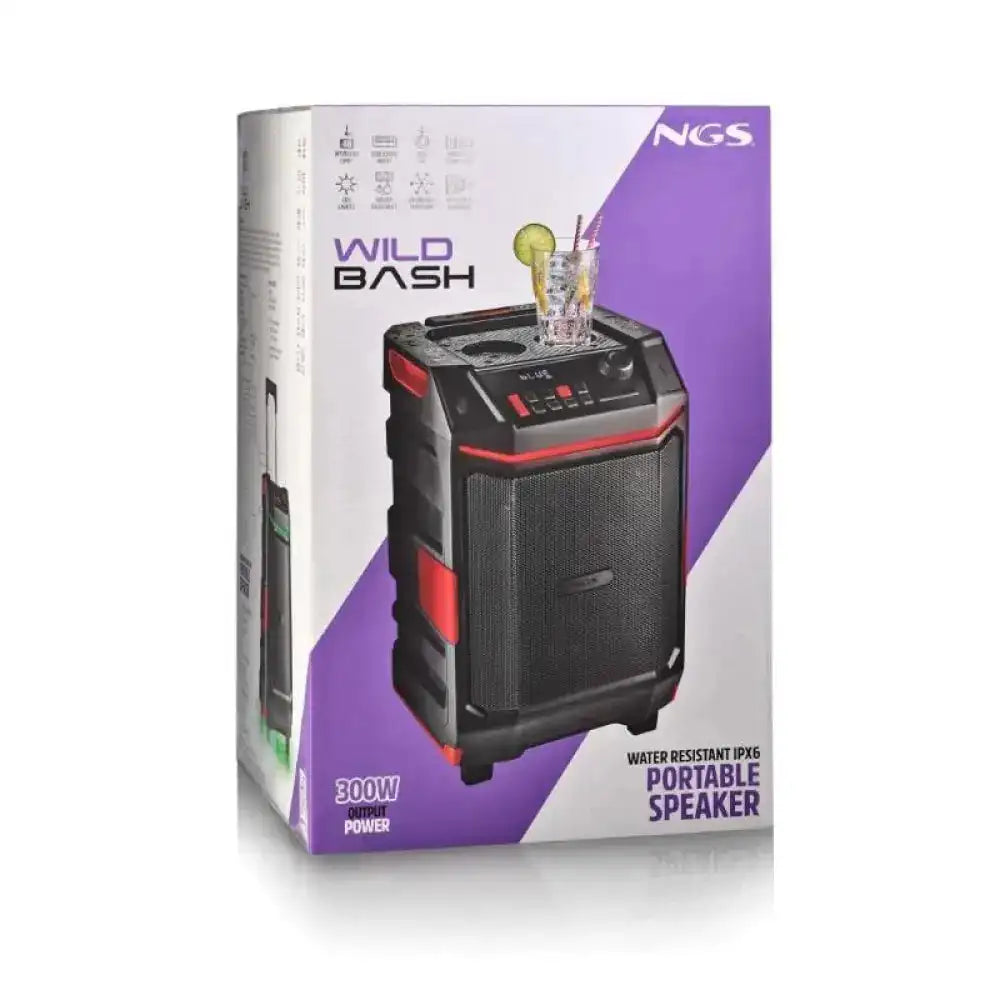 NGS Wildbash Portable Speaker 300W with Bluetooth 5.4, IPX6 Waterproof, RGB LED Lights, Wireless, Ideal for Parties and Outdoor Events, Powerful Bluetooth Speaker with AUX and USB Input.