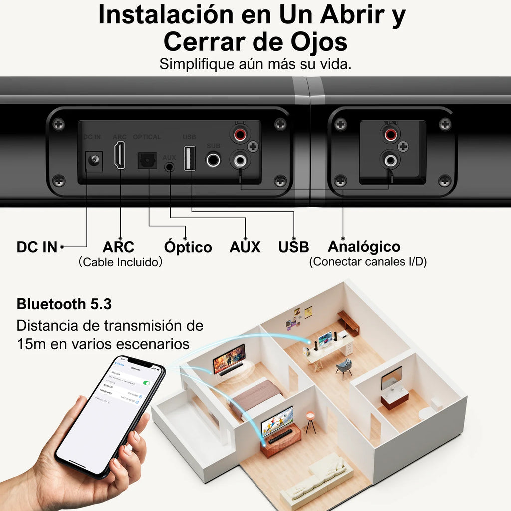 ULTIMEA Apollo S40 Barra de Sonido TV 2.2 Canales, 100 W, Diseño Desmontable 2 en 1, Bluetooth® 5.3, HDMI ARC, Sonido Envolvente, Graves Ajustables y 3 Modos EQ