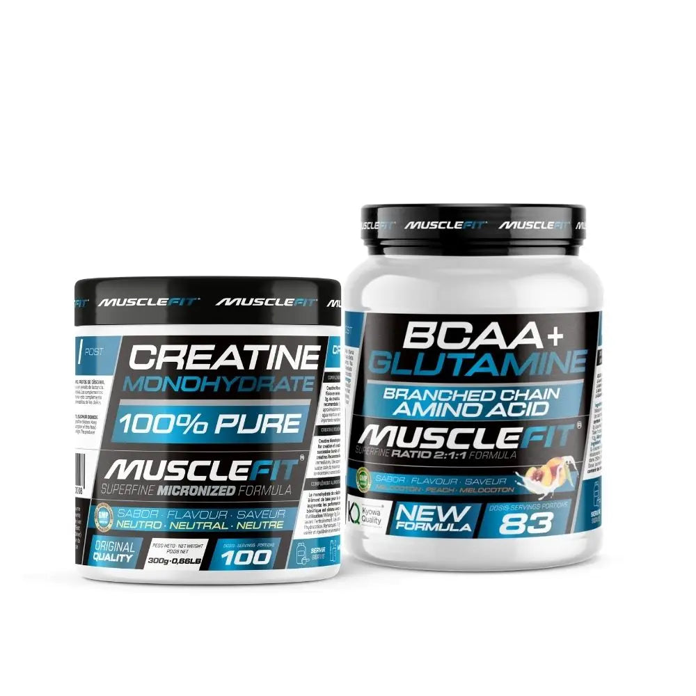 MUSCLEFIT Pack Ahorro Glutamina + Bcaa´s 500g - Varios Sabores + Creatina Monohidrato 300g - Sin Sabor