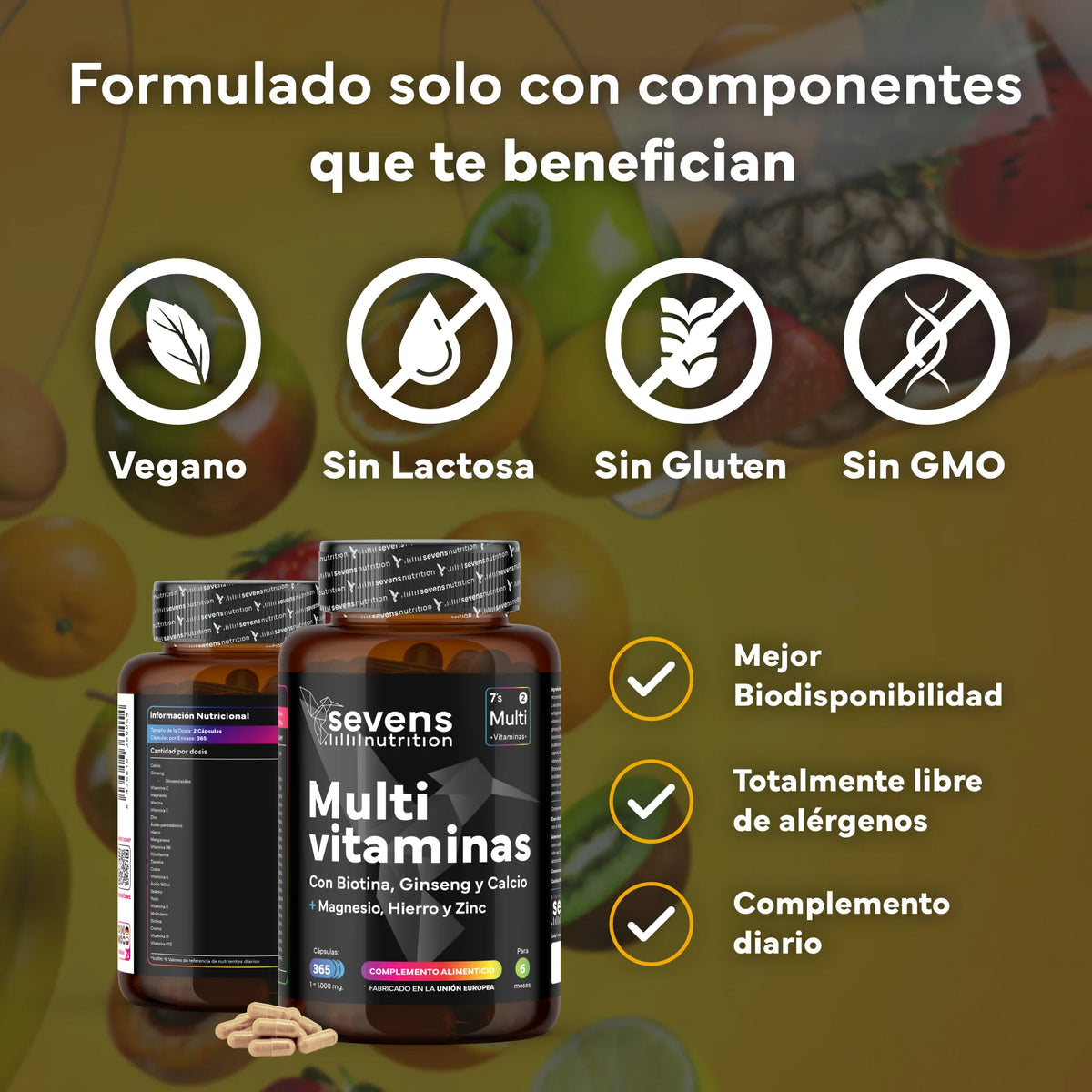 Pack 2x Multivitaminas - 730 Cápsulas Veganas - Con Vitaminas, Minerales y Ginseng - Sevens Nutrition
