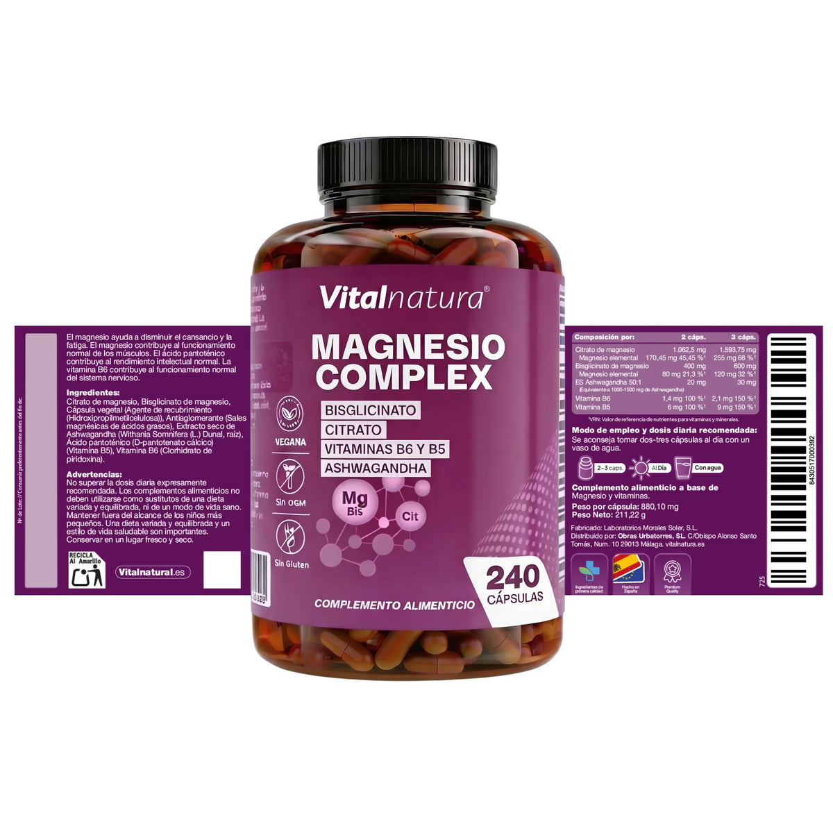 Magnesio Complex Vitalnatura con Bisglicinato, Citrato, Ashwagandha y Vitaminas B5 y B6