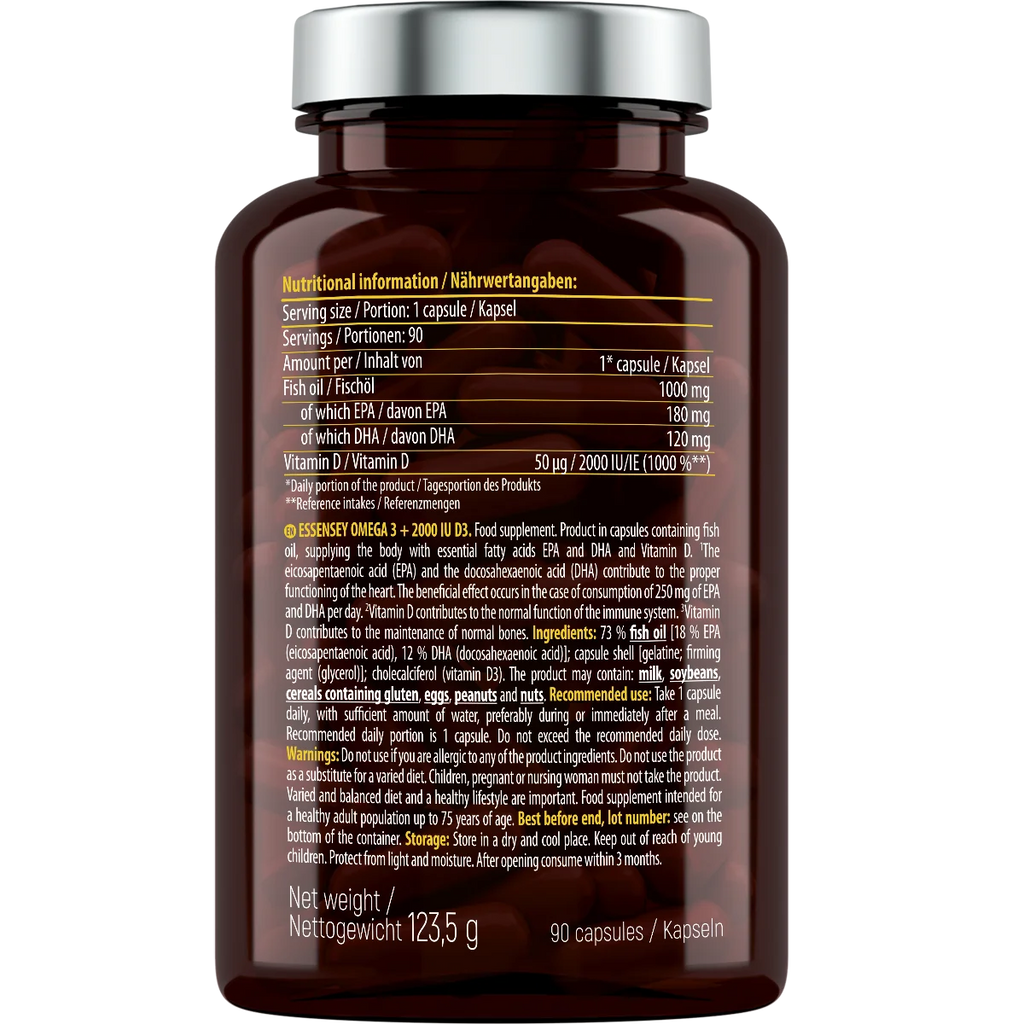 Omega 3 + Vitamina D3 2000 IU – ESSENSEY – 90 Cápsulas | Ácidos Grasos EPA/DHA para Corazón, Cerebro y Defensas