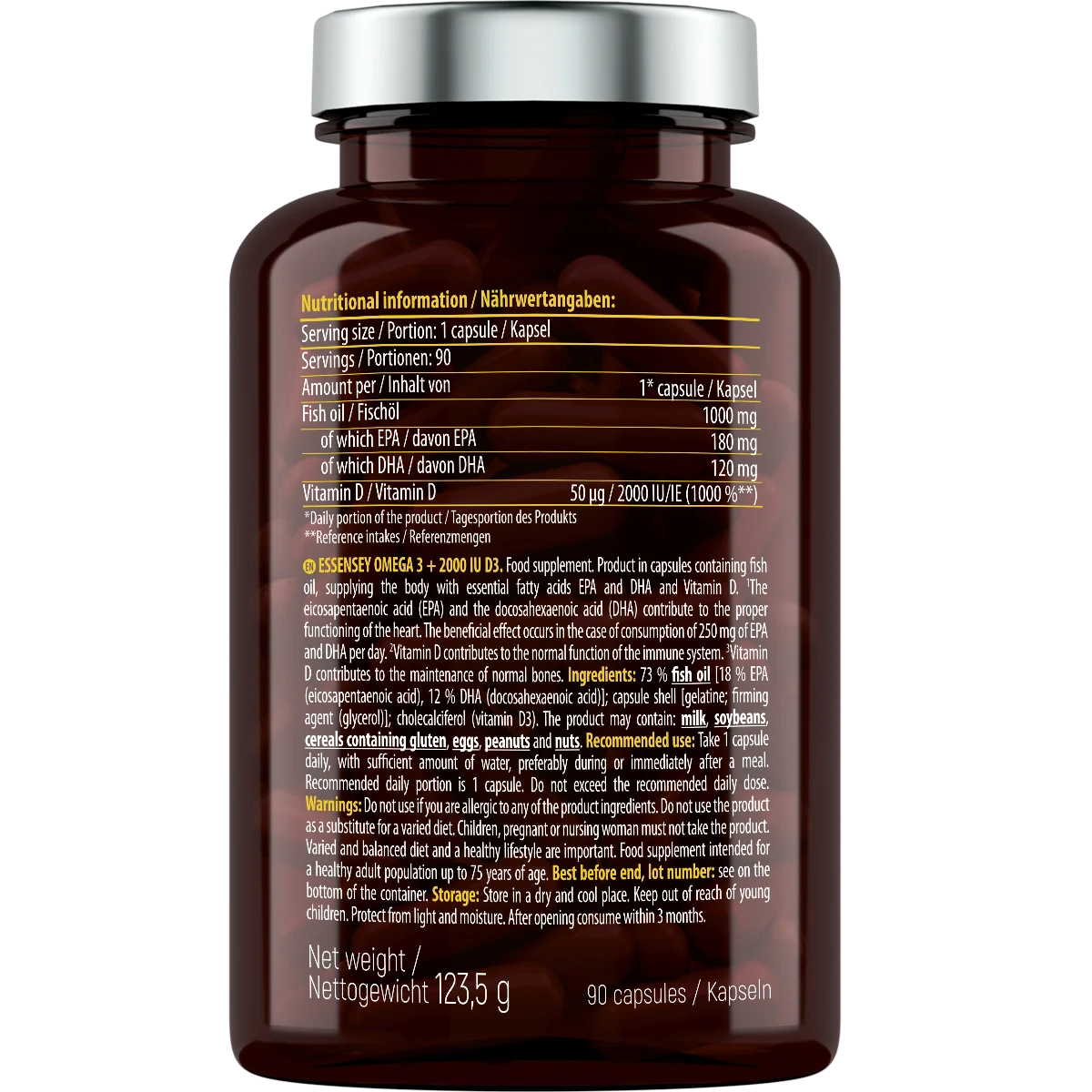 Omega 3 + Vitamina D3 2000 IU – ESSENSEY – 90 Cápsulas | Ácidos Grasos EPA/DHA para Corazón, Cerebro y Defensas