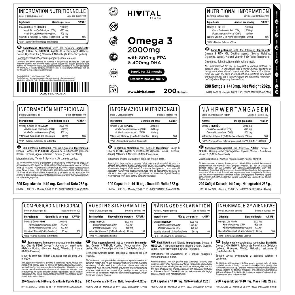Omega 3 2000 mg | 200 cápsulas. Hivital