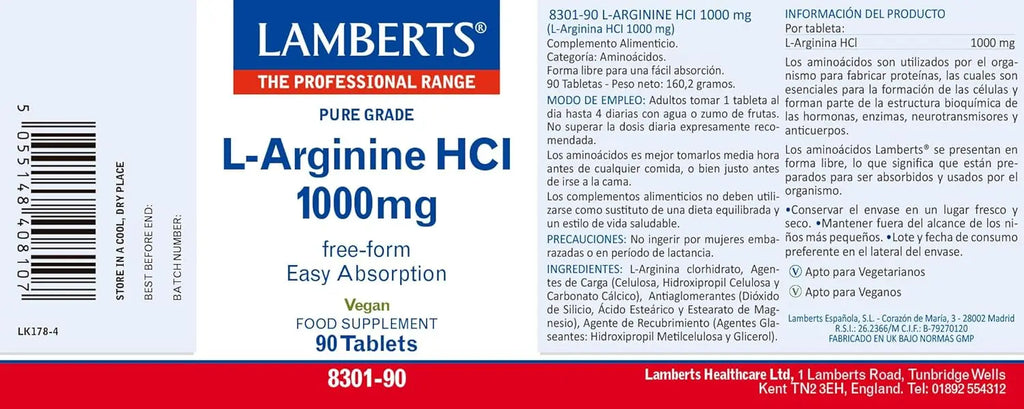 Lamberts L-Arginina HCl 1000 mg - 90 Tabletas