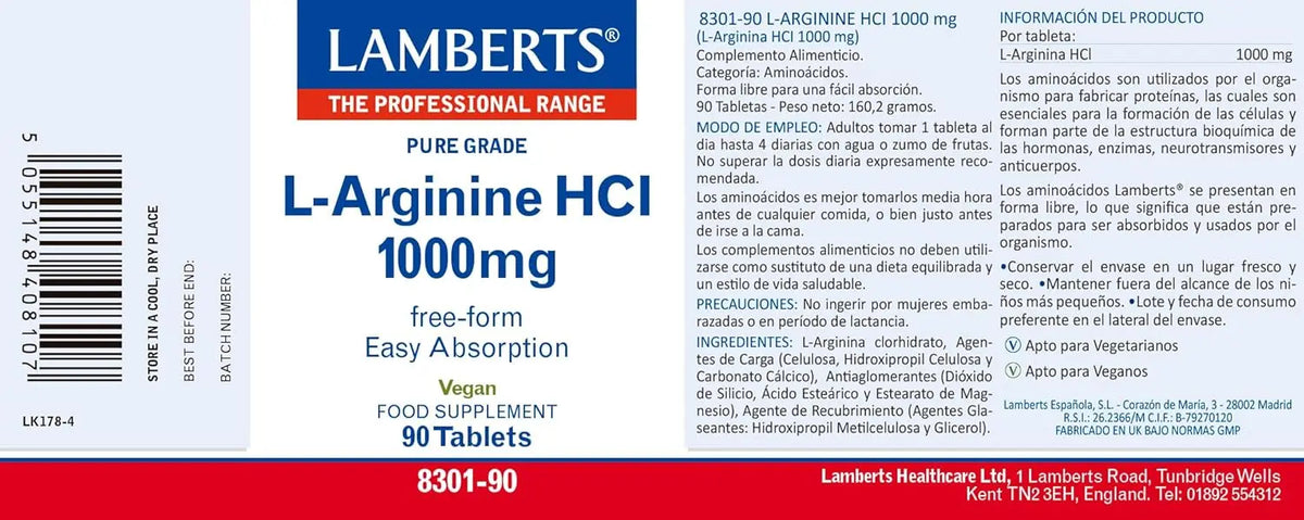 Lamberts L-Arginina HCl 1000 mg - 90 Tabletas