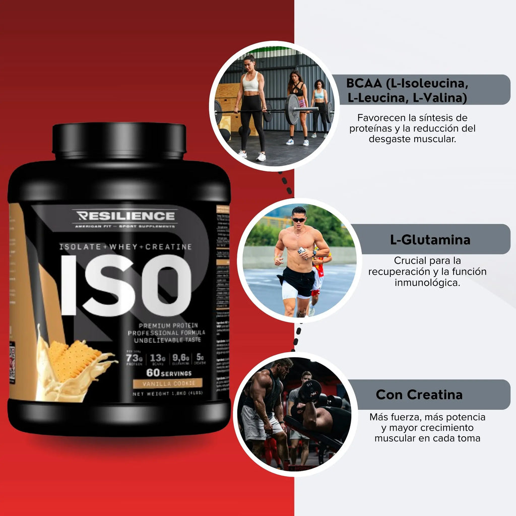 Resilience- Proteina Whey con Creatina - Proteína Con BCAA y GLUTAMINA - para Fuerza, Volumen y Recuperación Vainilla Coockie 1.8 KG
