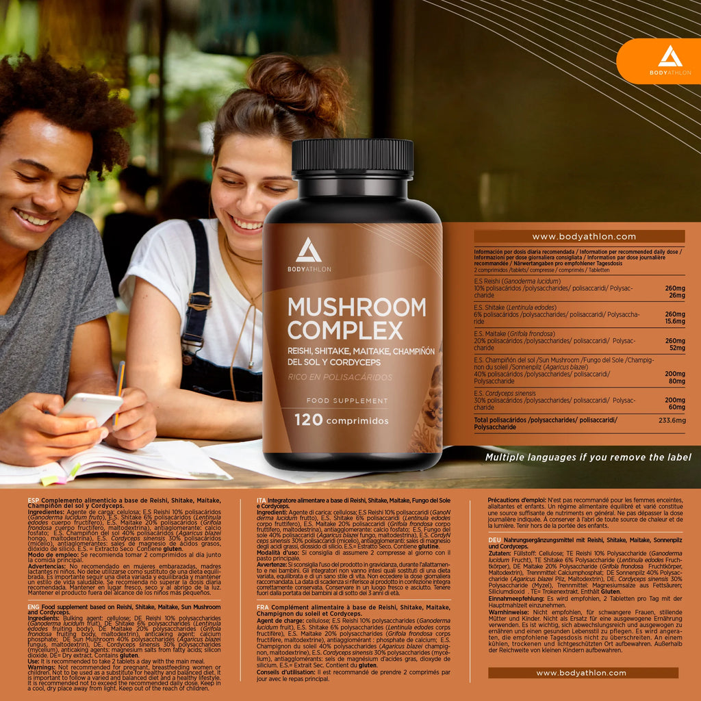 Mushroom Complex 120 comprimidos- Reishi shitake y maitake+ Champiñon del Sol+ Cordyceps| Hongos adaptógenos- Estrés, memoria y concentración- Complejo Super Hongos con Polisacaridos- Bodyathlon