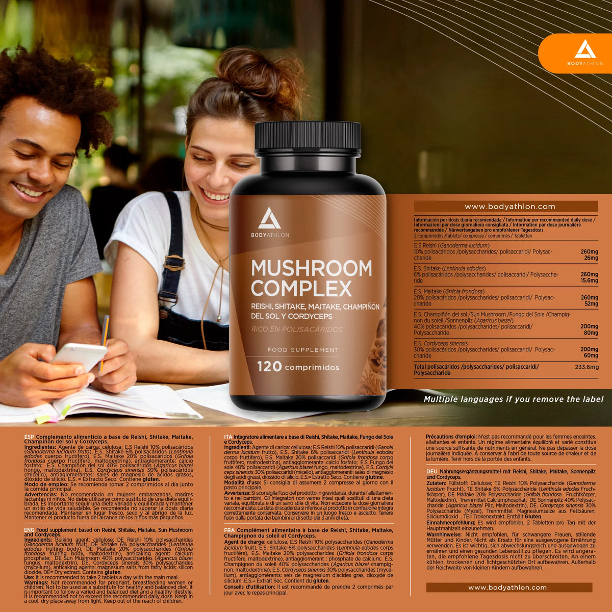 Mushroom Complex 120 comprimidos- Reishi shitake y maitake+ Champiñon del Sol+ Cordyceps| Hongos adaptógenos- Estrés, memoria y concentración- Complejo Super Hongos con Polisacaridos- Bodyathlon