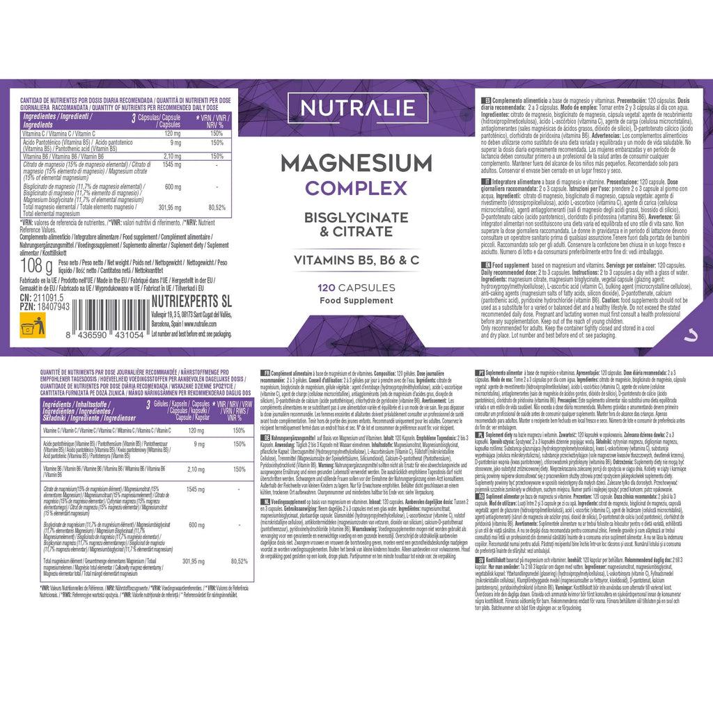 Citrato de Magnesio 1545mg + Magnesio Bisglicinato 600mg -  Reduce Cansancio y Fatiga - Magnesium Complex Alta Biodisponibilidad - 120 Cápsulas Veganas Nutralie