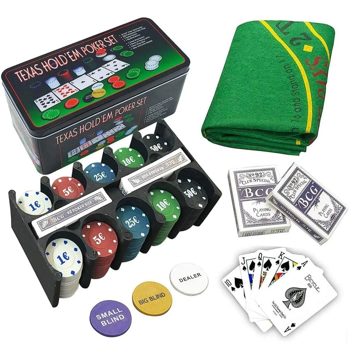 Set de póquer profesional con 200 fichas, 2 barajas de cartas, accesorios completos y maletín metálico - Ideal para juegos de cartas, perfecto para regalos y reuniones.