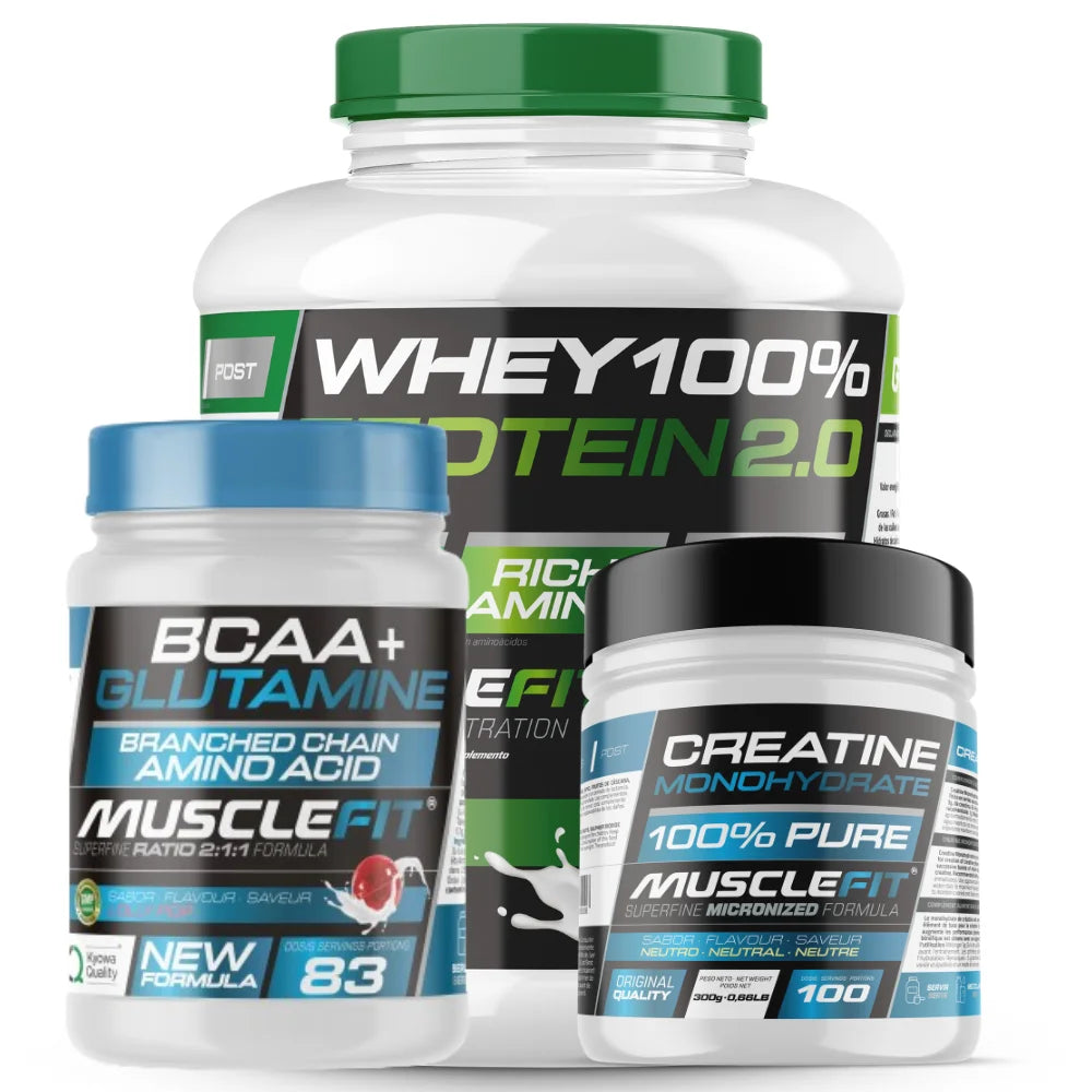 Pack Súper Ahorro Proteína Whey 2kg Creatina Monohidrato 300g Glutamina BCAA 500g  Musclefit MUSCLEVIP