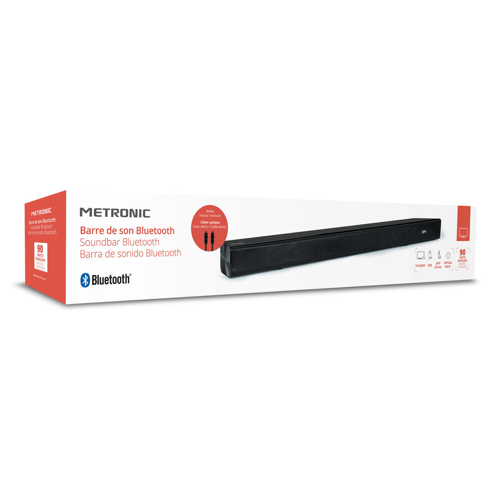 Metronic 477591 Barra de Sonido Bluetooth 5.3 para PC o TV, 90W, Estereo 2.0, Tomas Audio TV, USB, AUX, óptica, Montaje Mural, Mando a Distancia