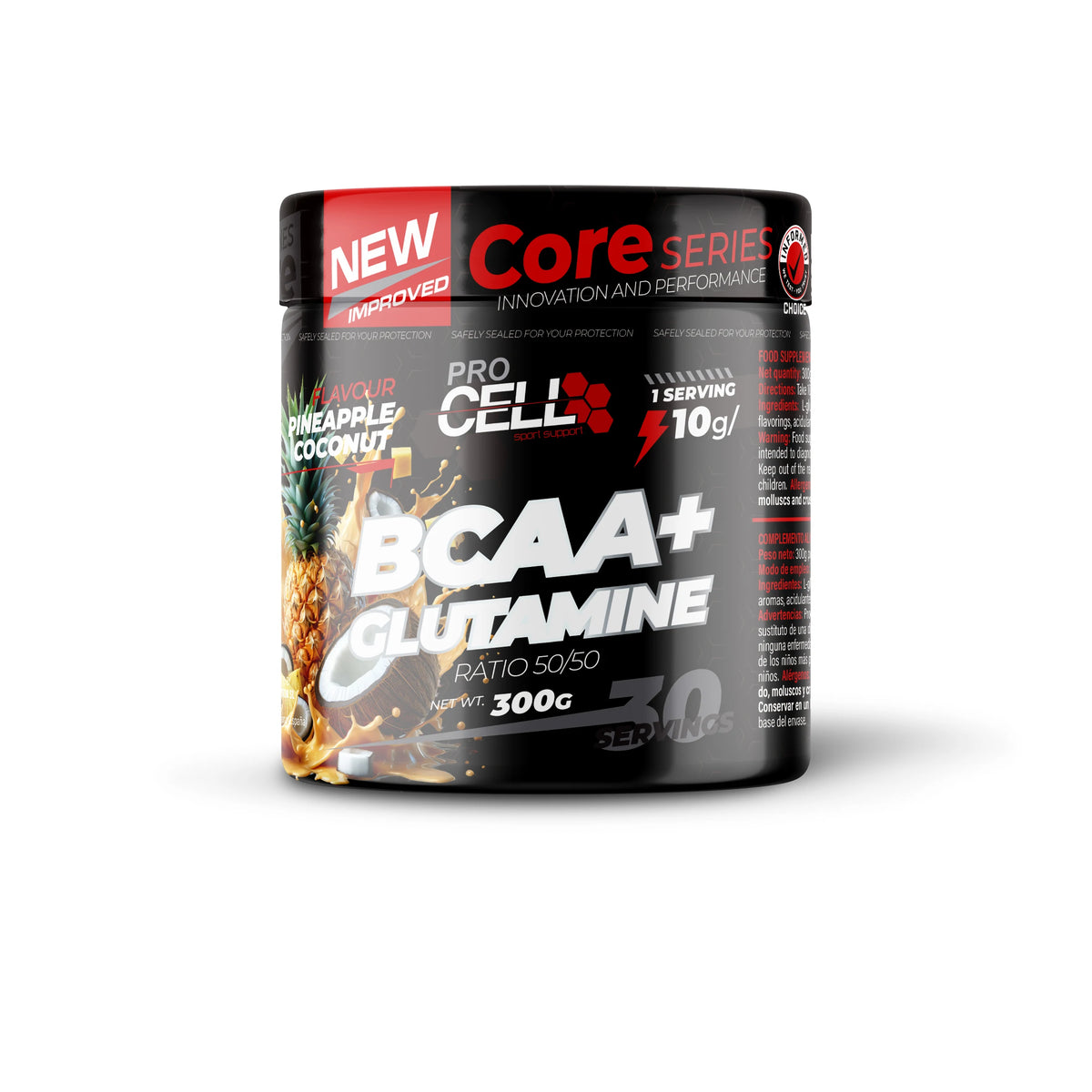 BCAA+GLUTAMINE CORE 300 gr Procell Sport - Aminoácidos ramificados y Glutamina - Aumenta Masa Muscular y Mejora Recuperación con BCAA 2:1:1 y Glutamina (Sabor Piña-Coco)