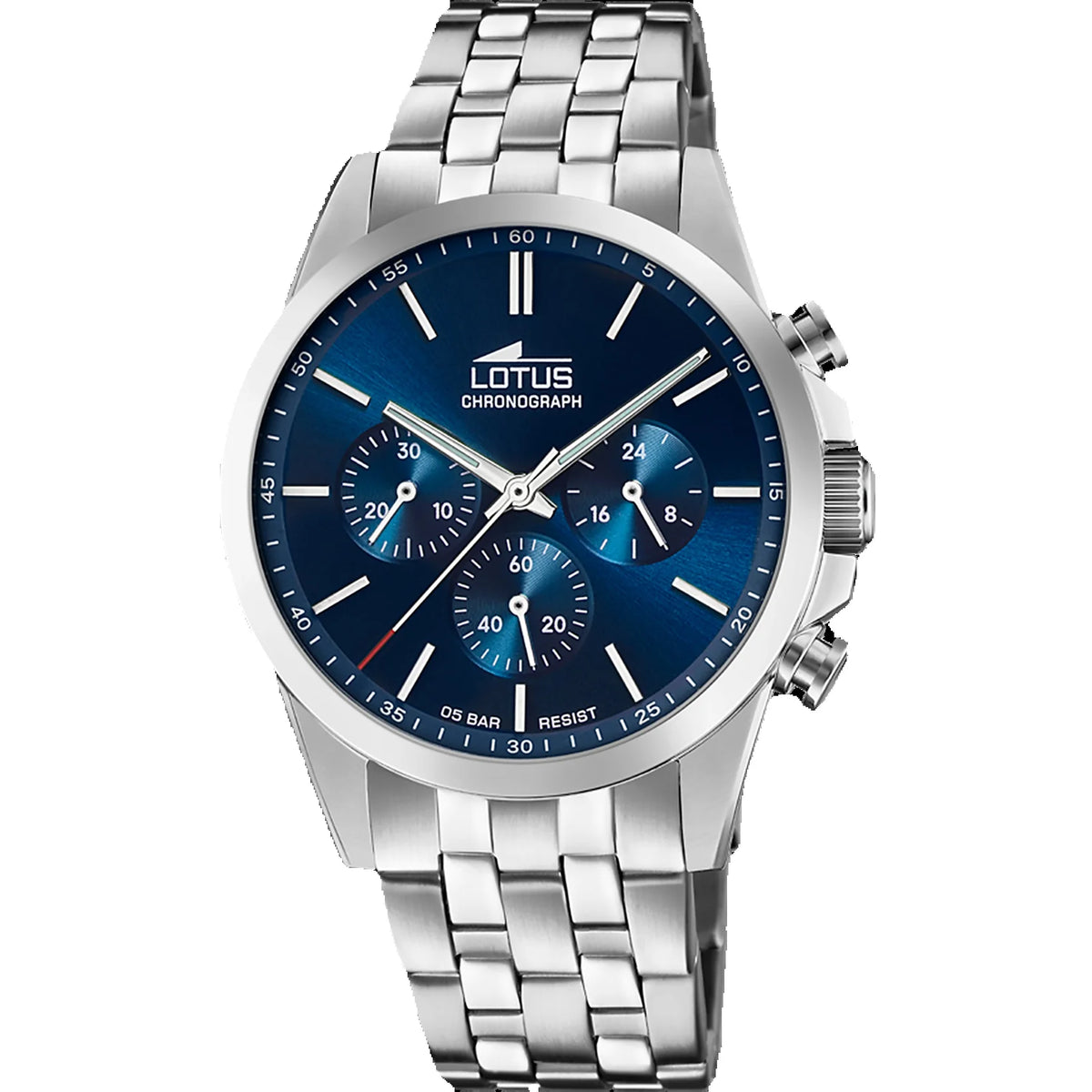 Reloj Lotus para hombre Chrono, acero inoxidable, esfera azul de 41 mm, resistente al agua 5 ATM, diseño urbano moderno