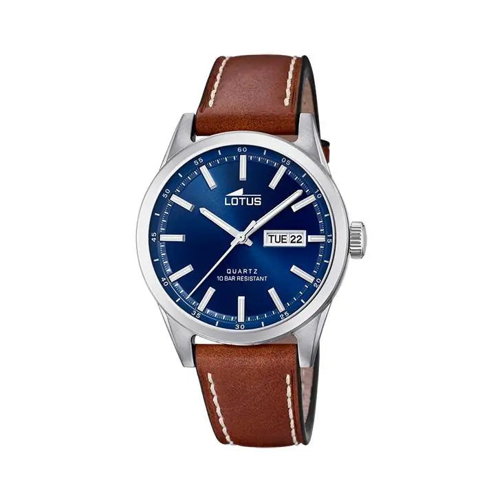 Reloj Lotus para hombre con correa de piel marrón y esfera azul, caja de acero inoxidable de 42 mm, resistente al agua 10 ATM, indicador de fecha - Reloj de pulsera elegante para hombre.