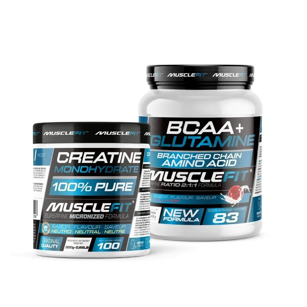 MUSCLEFIT Pack Ahorro Glutamina + Bcaa´s 500g - Varios Sabores + Creatina Monohidrato 300g - Sin Sabor