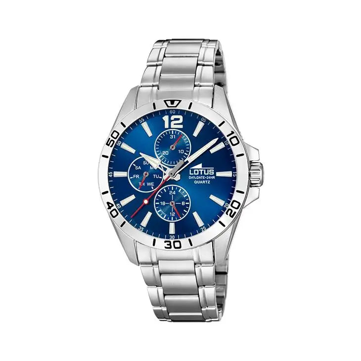 Reloj Lotus multifunción para hombre, modelo 18812/1, con esfera azul moderna, caja de acero inoxidable de 42 mm, resistencia al agua de 5 ATM, indicador de fecha, el reloj automático perfecto para hombre.
