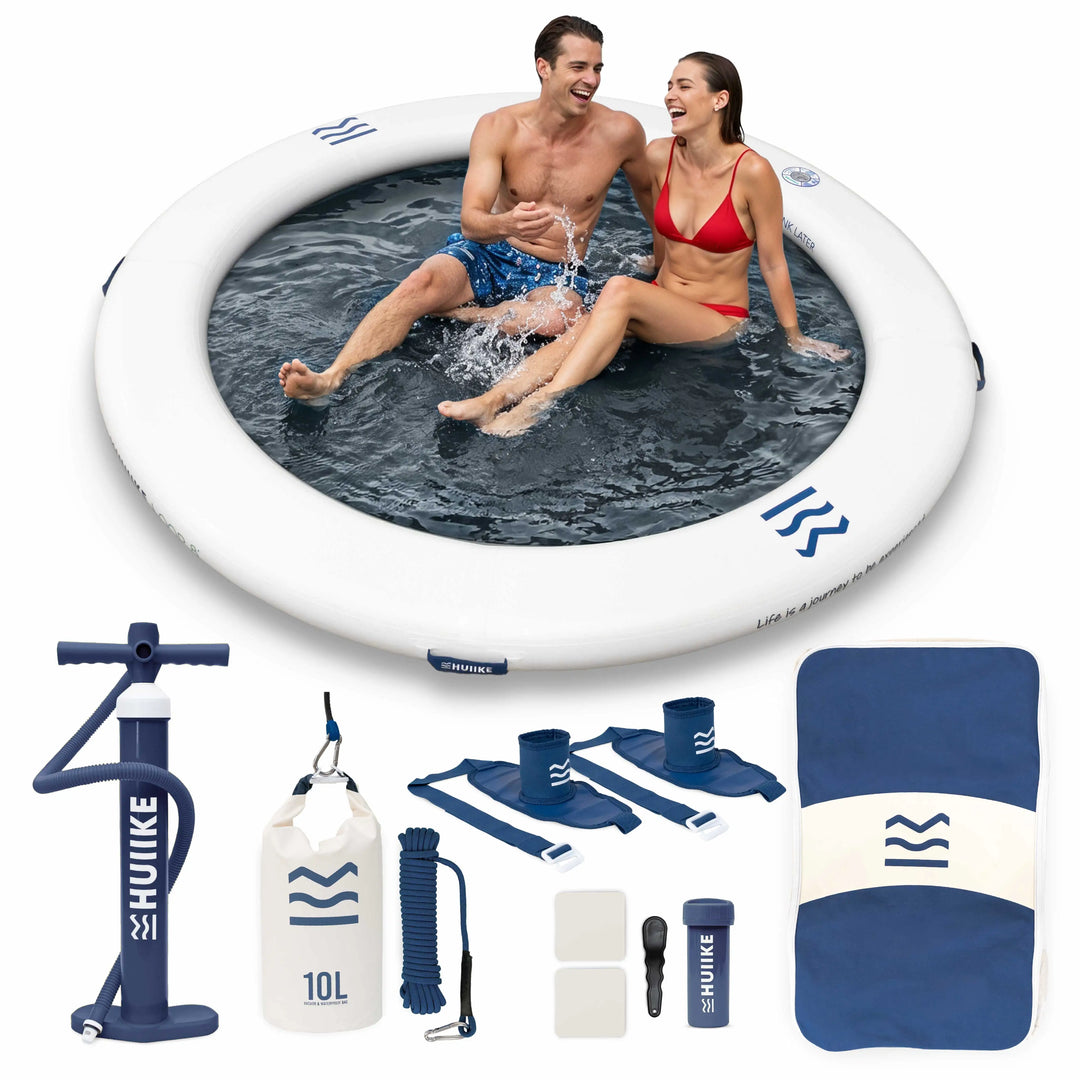 HUIIKE Anillo Hinchable de 2,44 m para 4 Personas y hasta 280 kg con Accesorios Incluidos, Inflador, Ancla de Arena, 2 Soportes para Bebida y Mochila. Plataforma Flotante para Adultos y Niños