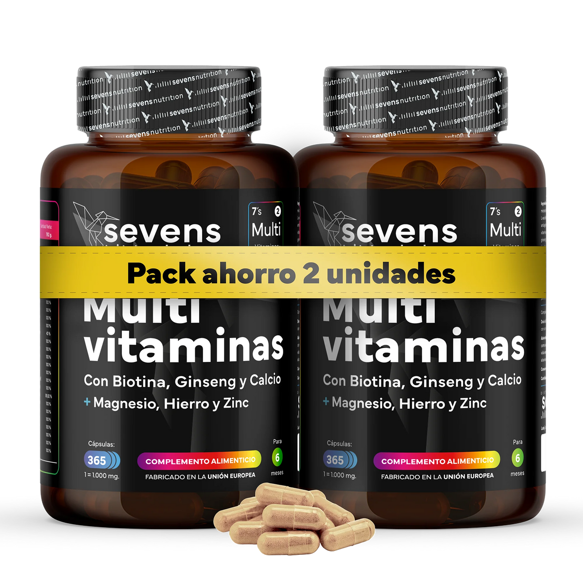 Pack 2x Multivitaminas - 730 Cápsulas Veganas - Con Vitaminas, Minerales y Ginseng - Sevens Nutrition