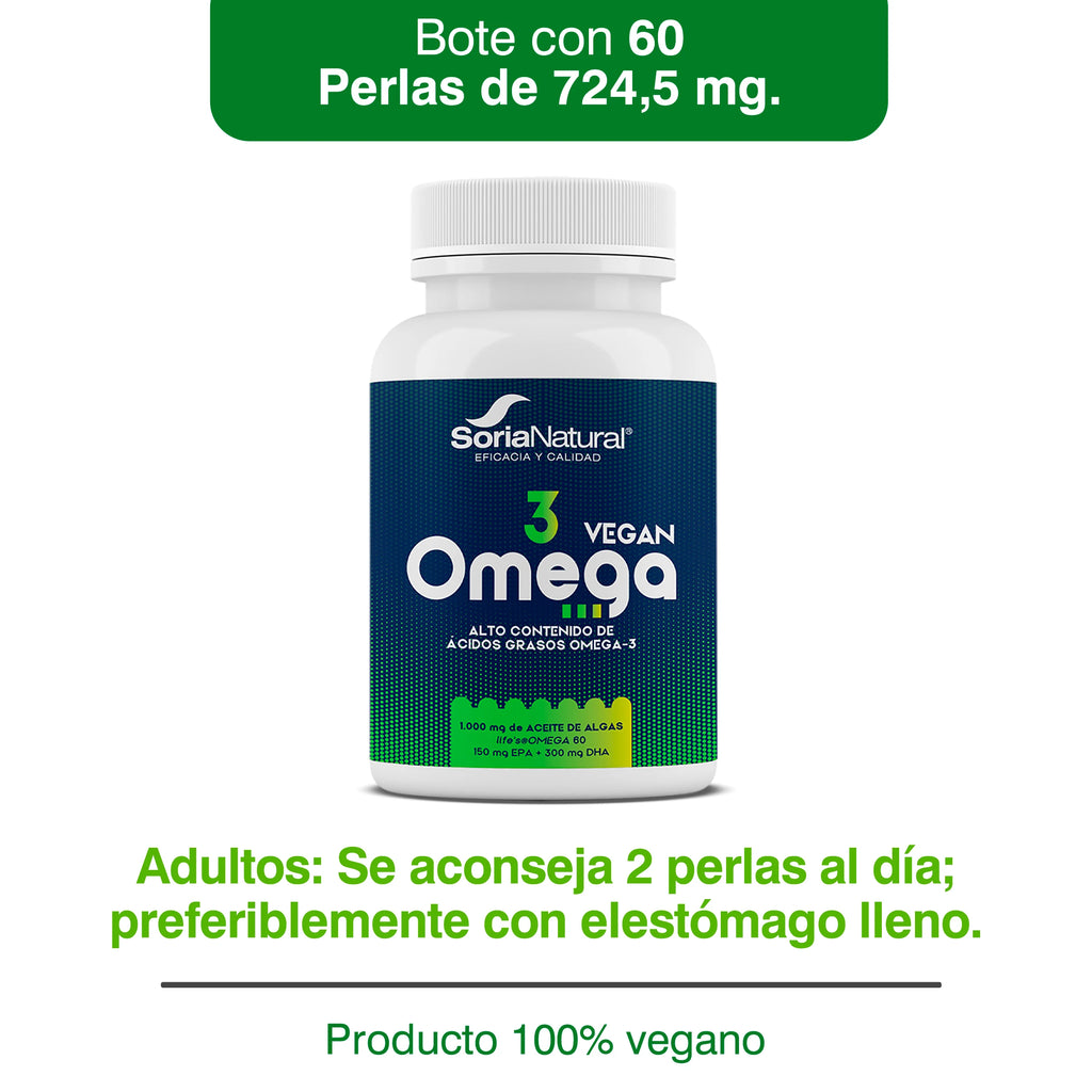 Omega-3 Vegano con EPA y DHA Soria Natural - Aceite de Microalga Schizochytrium - Con Vitamina E - Alto Contenido en Ácidos Grasos - Salud Cardiovascular - 60 perlas de 724,5 mg.