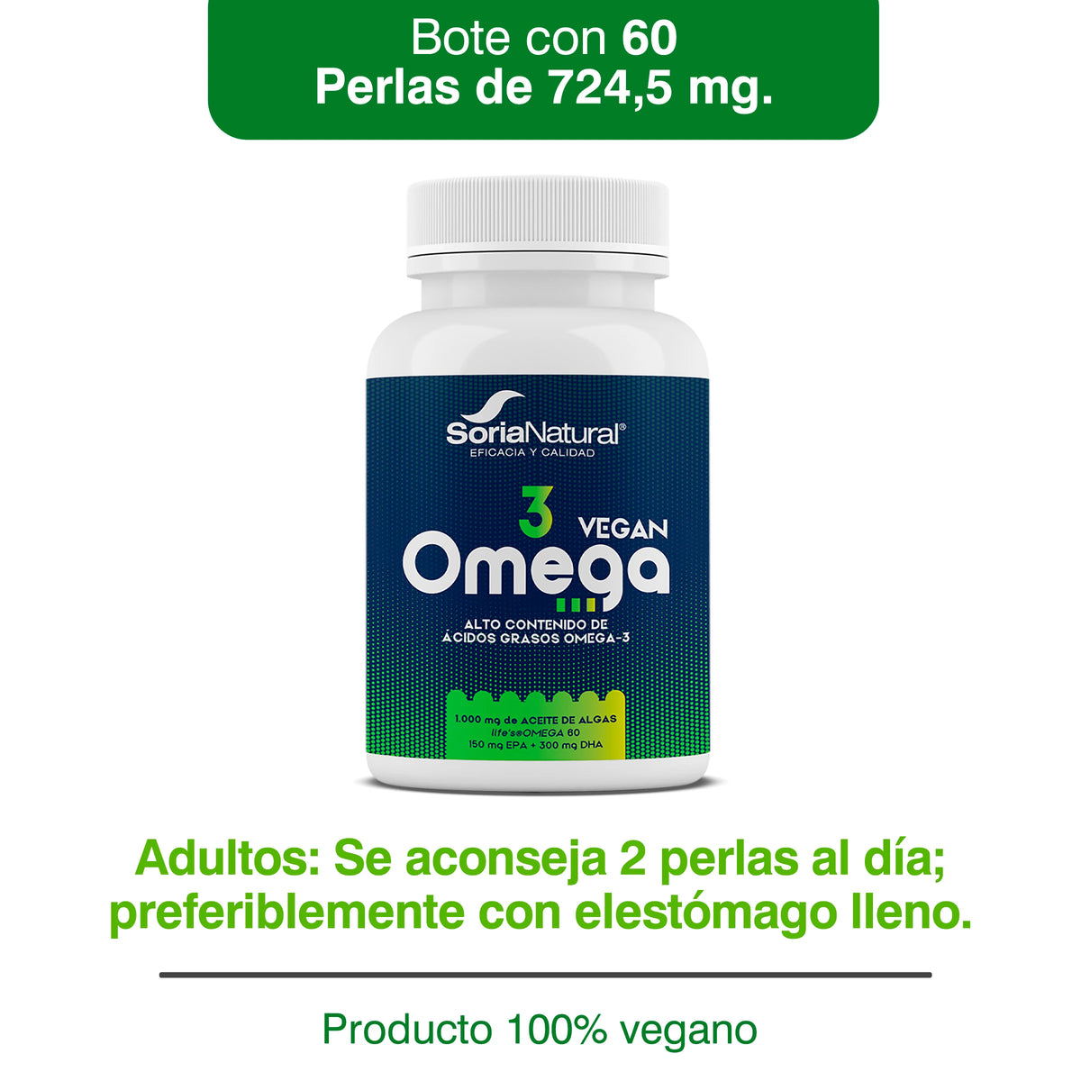 Omega-3 Vegano con EPA y DHA Soria Natural - Aceite de Microalga Schizochytrium - Con Vitamina E - Alto Contenido en Ácidos Grasos - Salud Cardiovascular - 60 perlas de 724,5 mg.