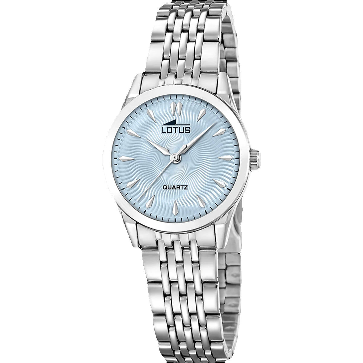 Reloj Lotus para mujer en acero inoxidable con esfera celeste brillante, caja de 30.5 mm, resistente al agua 5 ATM, diseño elegante y sofisticado de la colección Classic Steel, cierre de pulsador seguro.