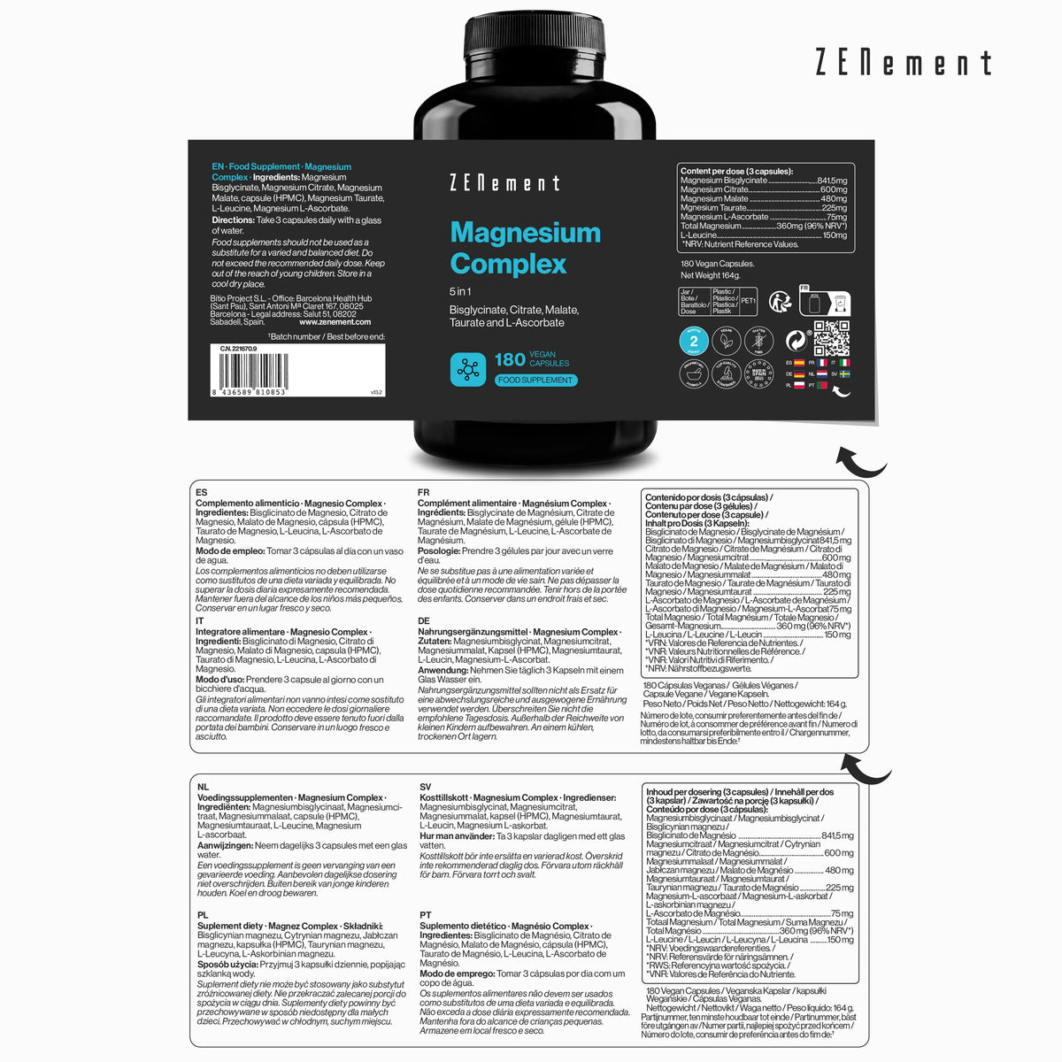 Magnesio Complex 5 en 1 - 180 Cápsulas Veganas Zenement