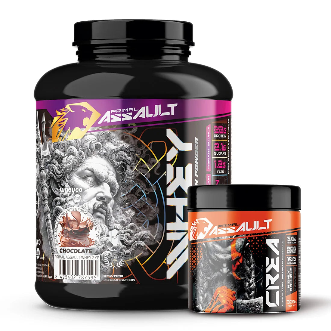 PRIMAL ASSAULT |  Pack de Proteina WHEY 2KG + Creatina en Polvo Sin Sabor 300g