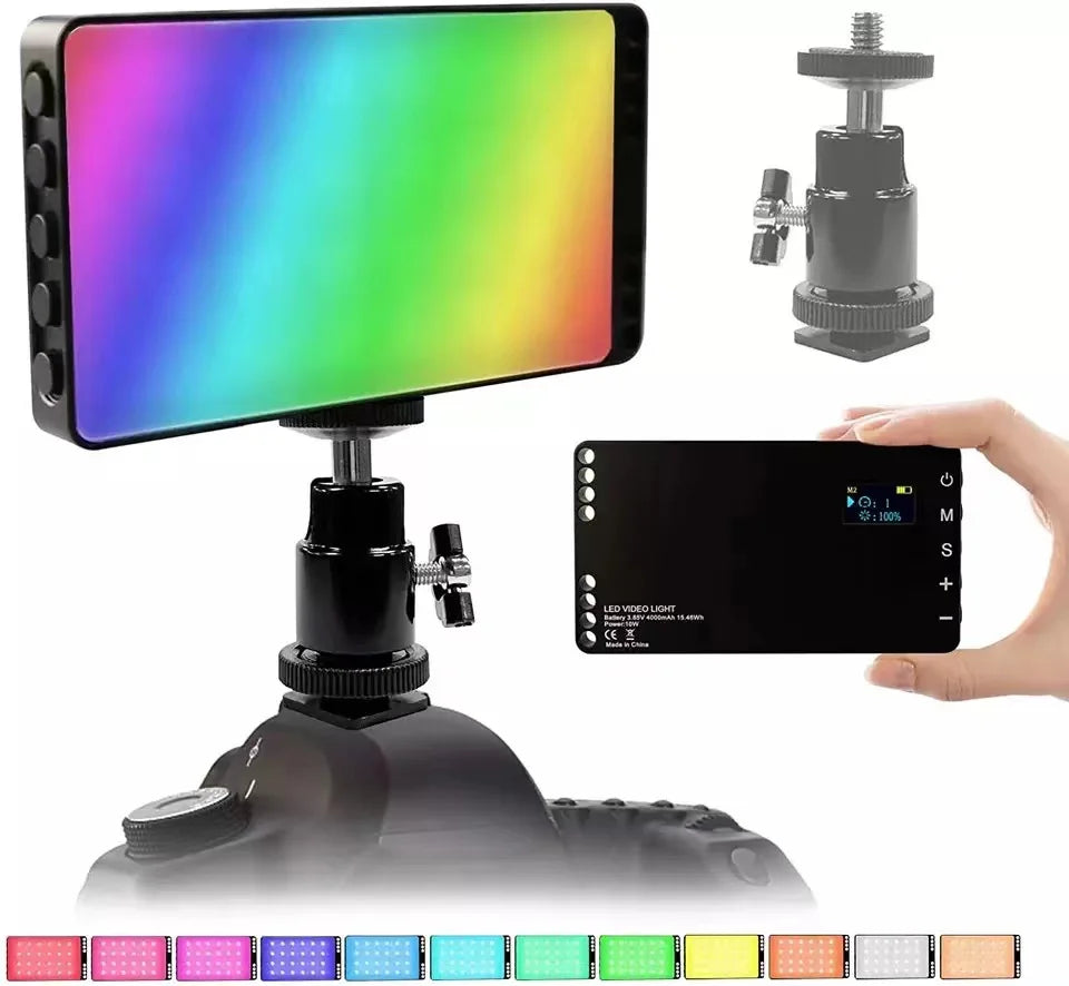 Luz de Video LED RGB con batería de 4000 mAh, Luz de Cámara RGB Recargable CRI95 + 2500K-8500K  y 8 Efectos de Luz Regulables con Pantalla LCD Adaptador de Zapata Fría para Grabación de Videoconferencia