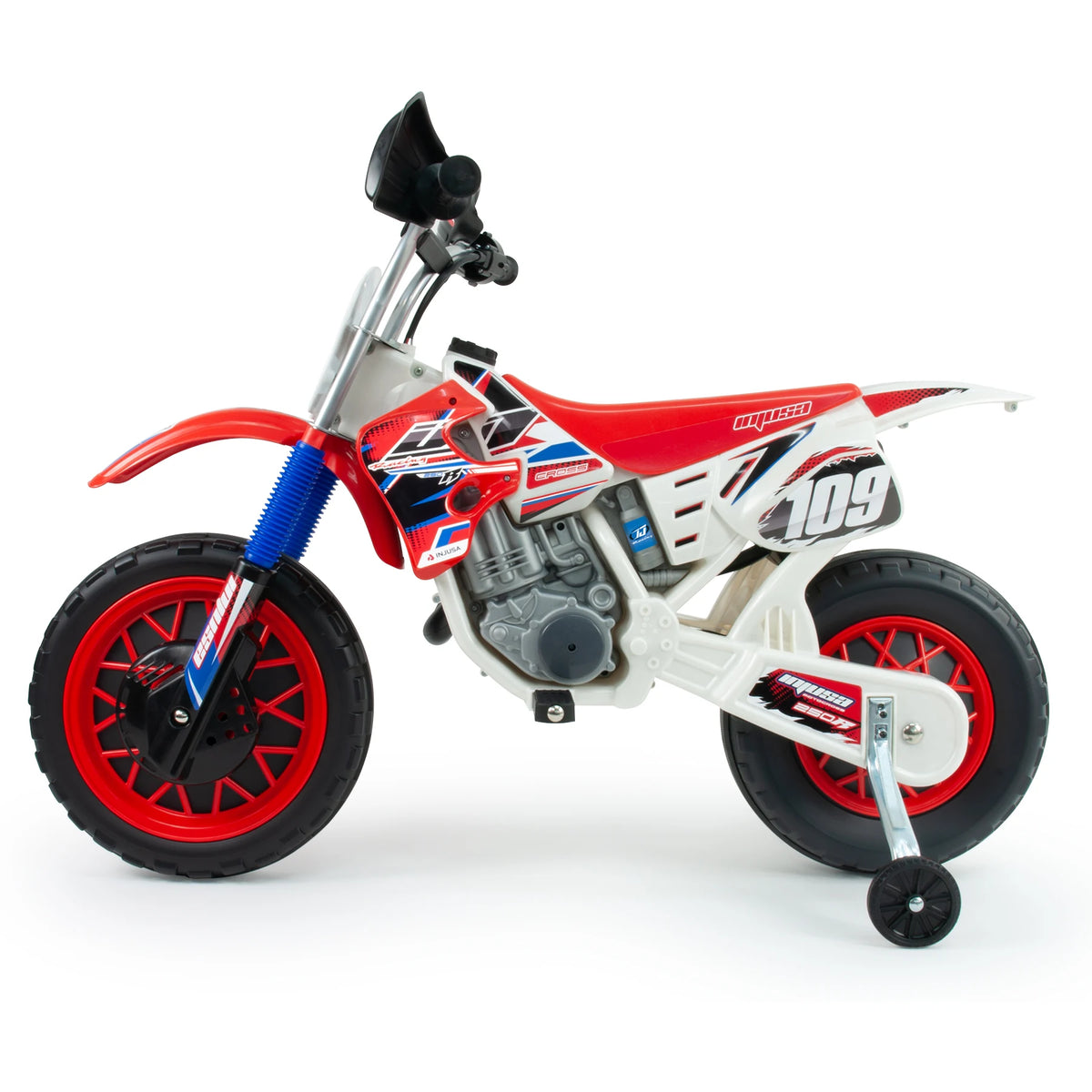 Injusa - Motocicleta eléctrica infantil Cross CR | Motocicleta a batería para niños de 3 a 6 años | Batería de 6V | Acelerador en el puño | Bandas de goma EVA en las ruedas | Ruedines estabilizadores | Velocidad máxima 6 km/h | Verde y