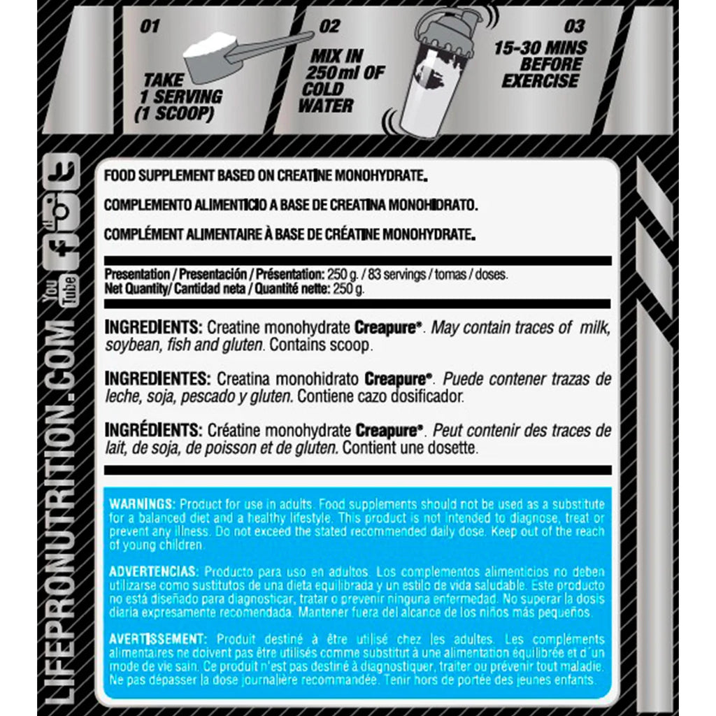 LIFE PRO NUTRITION CREATINE CREAPURE 250G - 100% Calidad Creapure - Aumenta Rendimiento y Fuerza - Creatina Pura sin Sabor