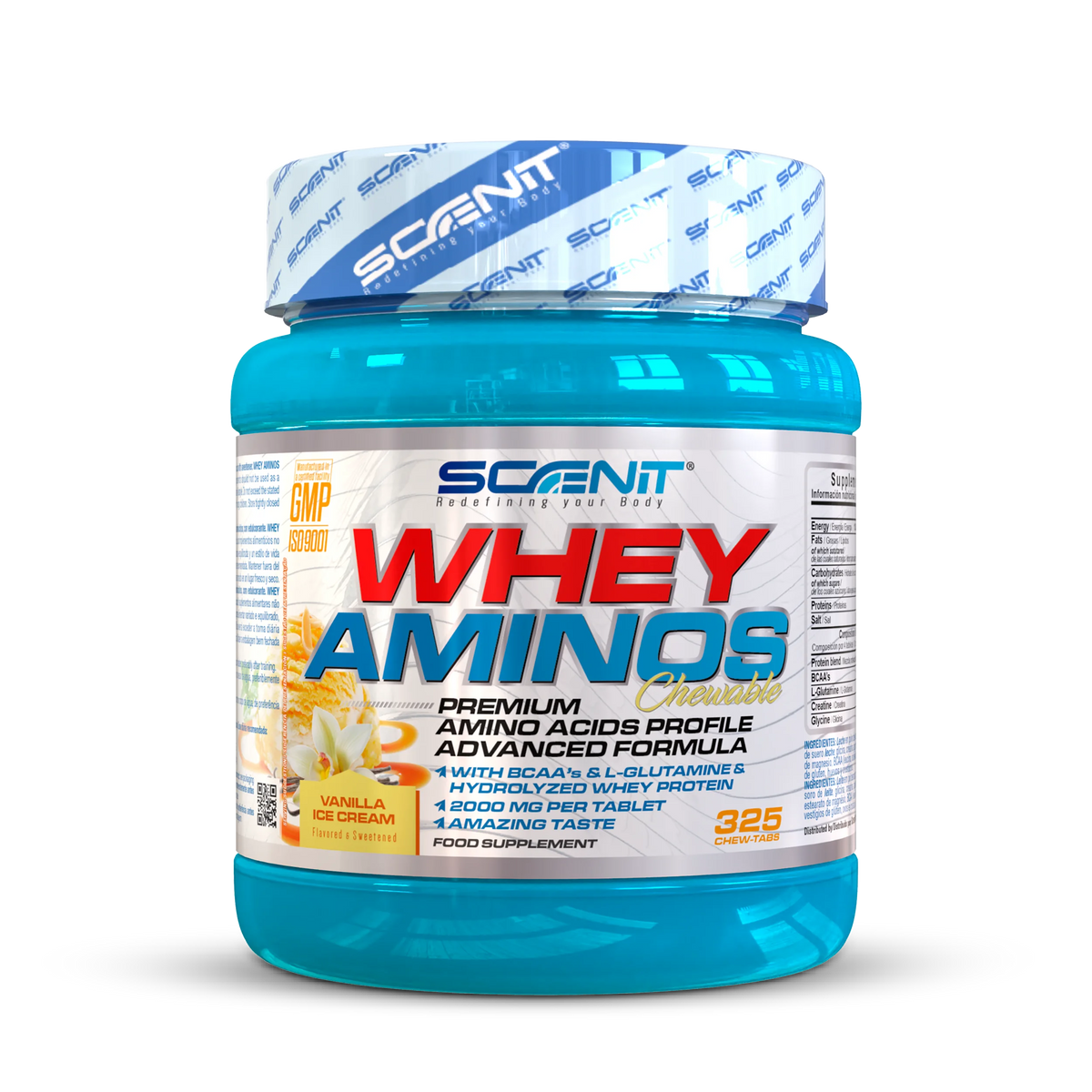 Scenit Whey Aminos - 325 tabletas masticables con sabor - Proteína whey con aminoácidos (creatina, BCAAs, glutamina...), en tabletas masticables con increíble sabor - Aminoácidos masticables - BCAA y Glutamina con Whey Pr